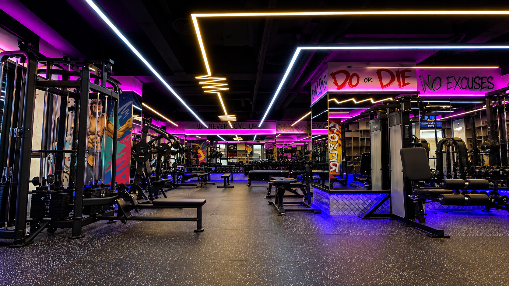 Inside Turbo Fitness Club Arena with DO OR DIE Neon Artwork